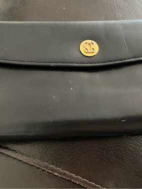 Black Leather Wallet Clutch with Gold Accent